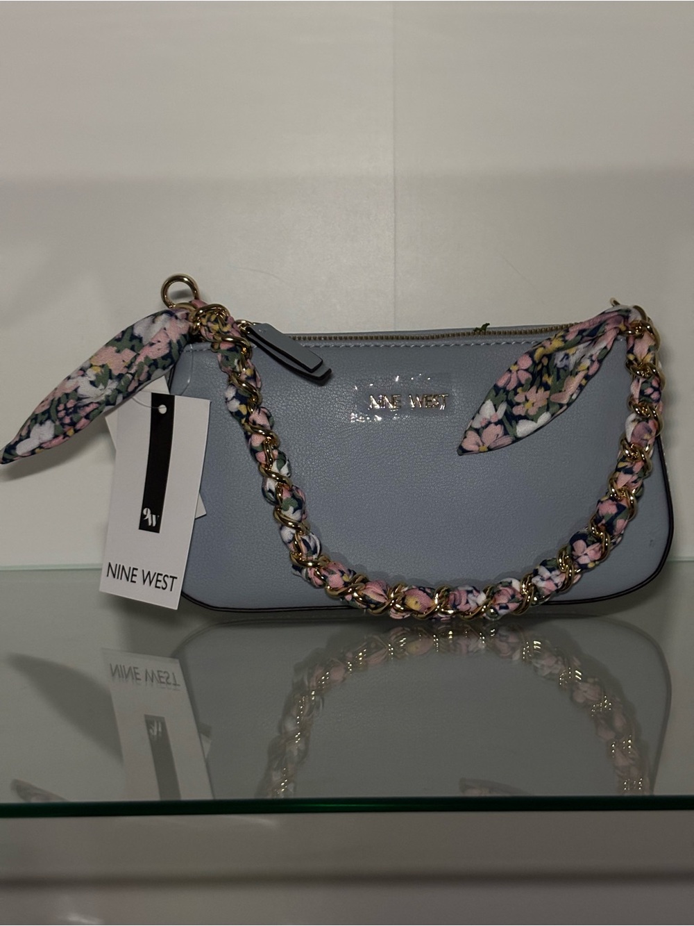 Nine West Powder Blue Mini Shoulder Bag with Floral Chain